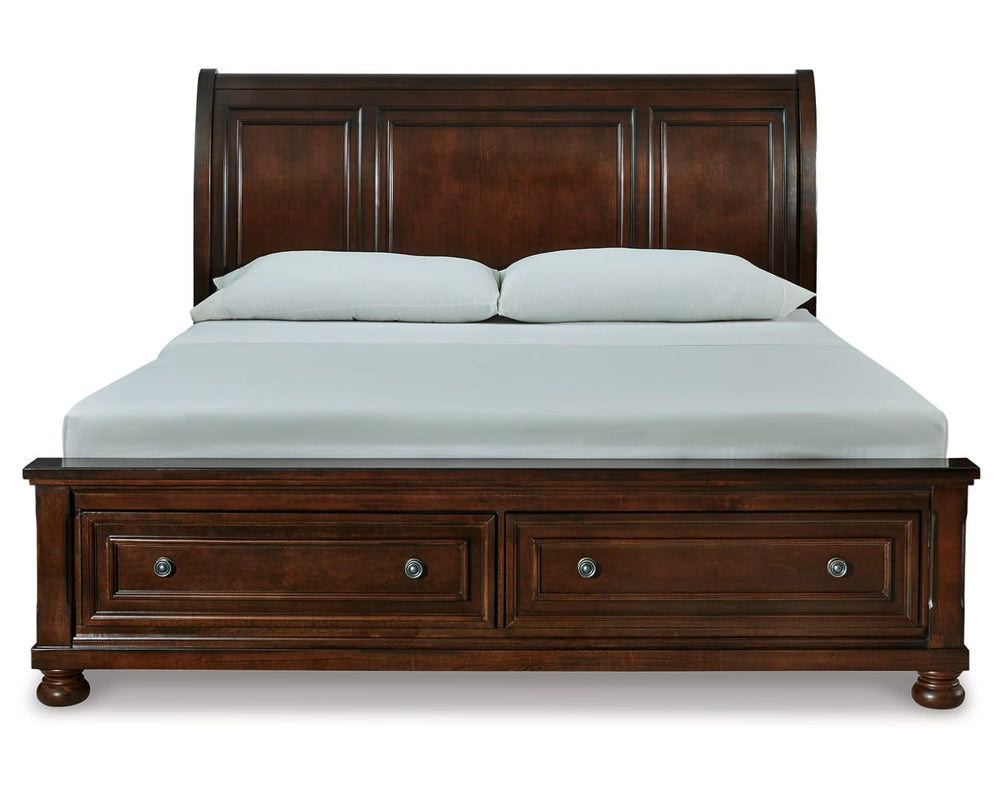 Cama Porter King tipo trineo con almacenaje, tocador, espejo, cómoda y dos mesitas de noche