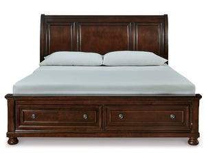 Cama Porter King tipo trineo con almacenaje, tocador, espejo, cómoda y dos mesitas de noche