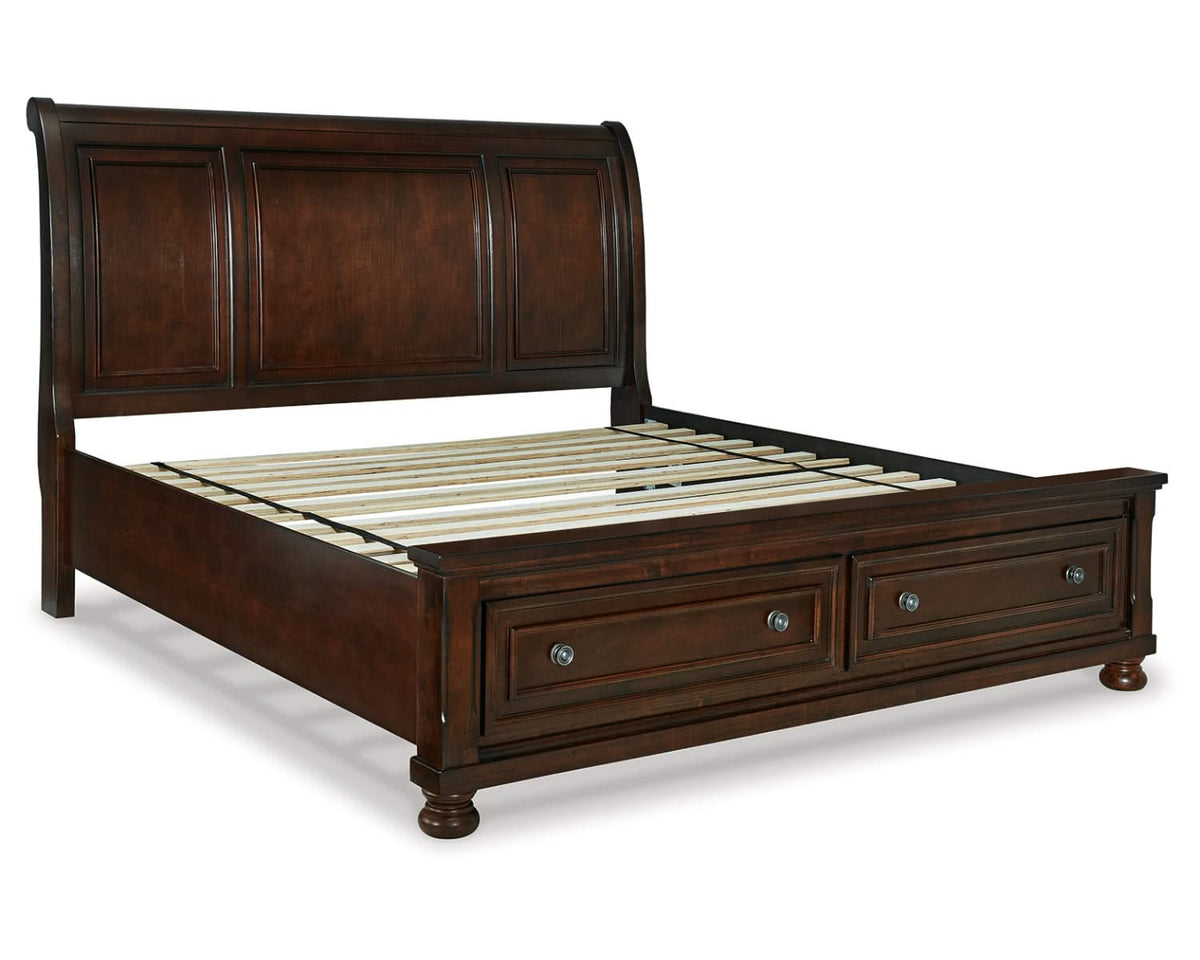 Cama Porter King tipo trineo con almacenaje, tocador, espejo, cómoda y dos mesitas de noche