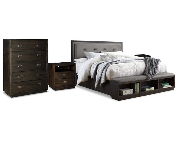 Cama Hyndell King con almacenamiento, cómoda y dos mesitas de noche tapizadas