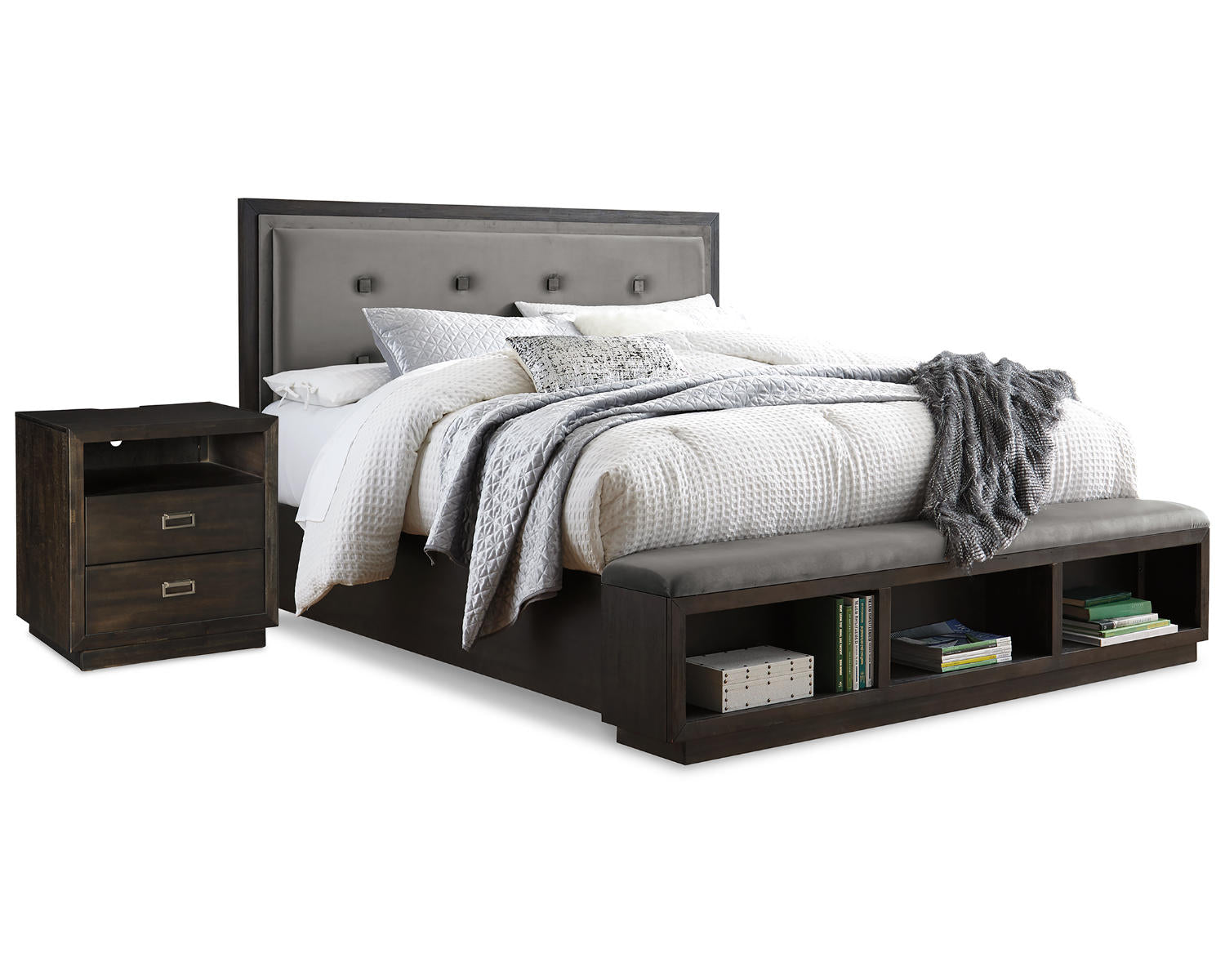 Hyndell King Upholstered Storage Bed and Nightstand