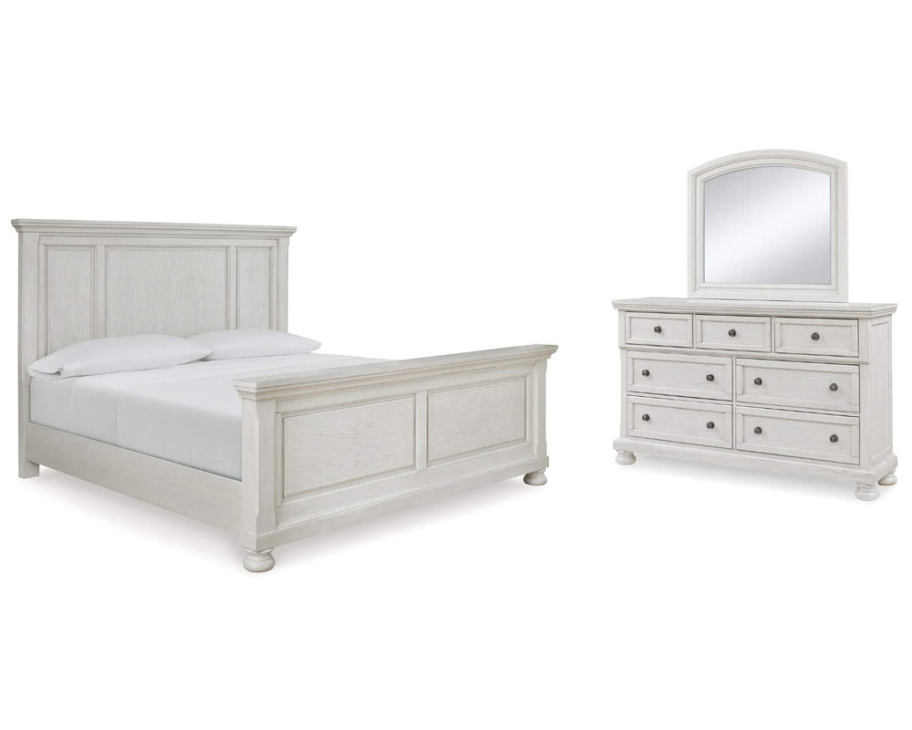 Cama Queen Robbinsdale con paneles, tocador y espejo
