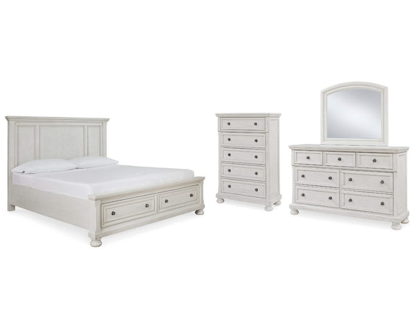 Cama Queen Robbinsdale con almacenamiento, tocador, espejo y cómoda