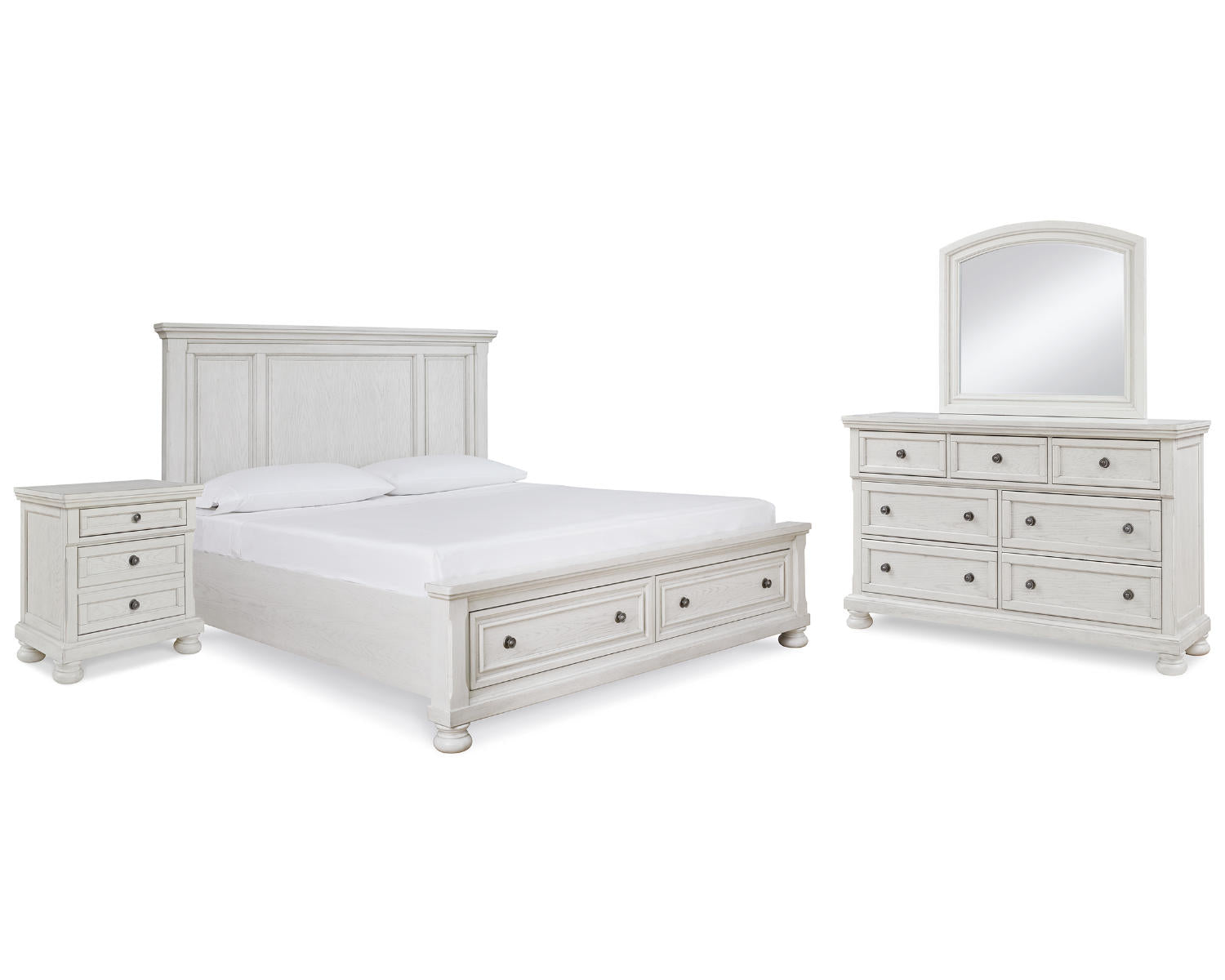 Robbinsdale Queen Storage Bed, Dresser, Mirror and Nightstand