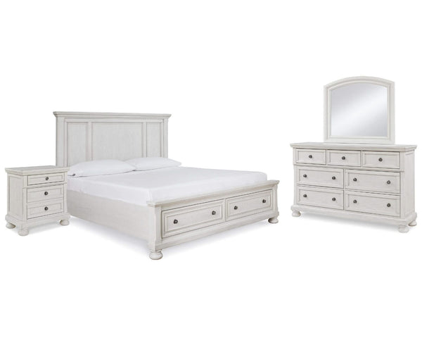 Cama Queen Robbinsdale con almacenaje, tocador, espejo y mesita de noche