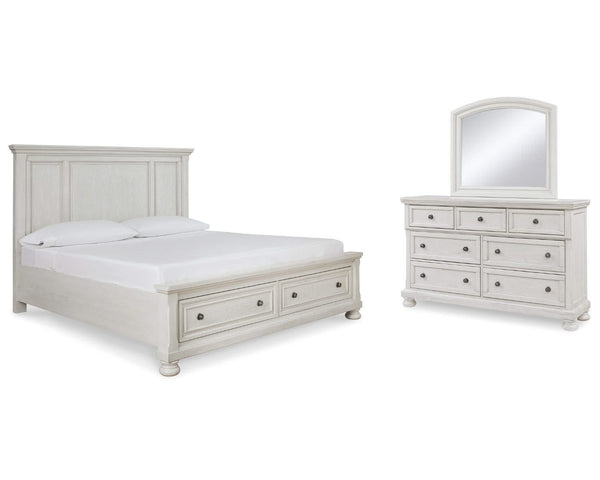 Cama King Robbinsdale con almacenamiento, tocador y espejo