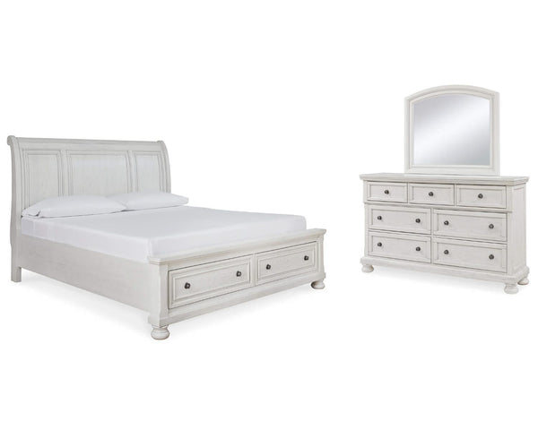 Robbinsdale Queen Sleigh Storage Bed, Dresser and Mirror