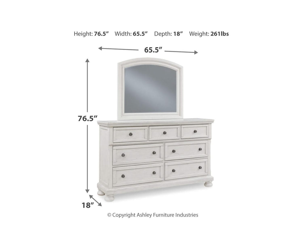 Cama Queen Robbinsdale con almacenamiento, tocador, espejo y cómoda