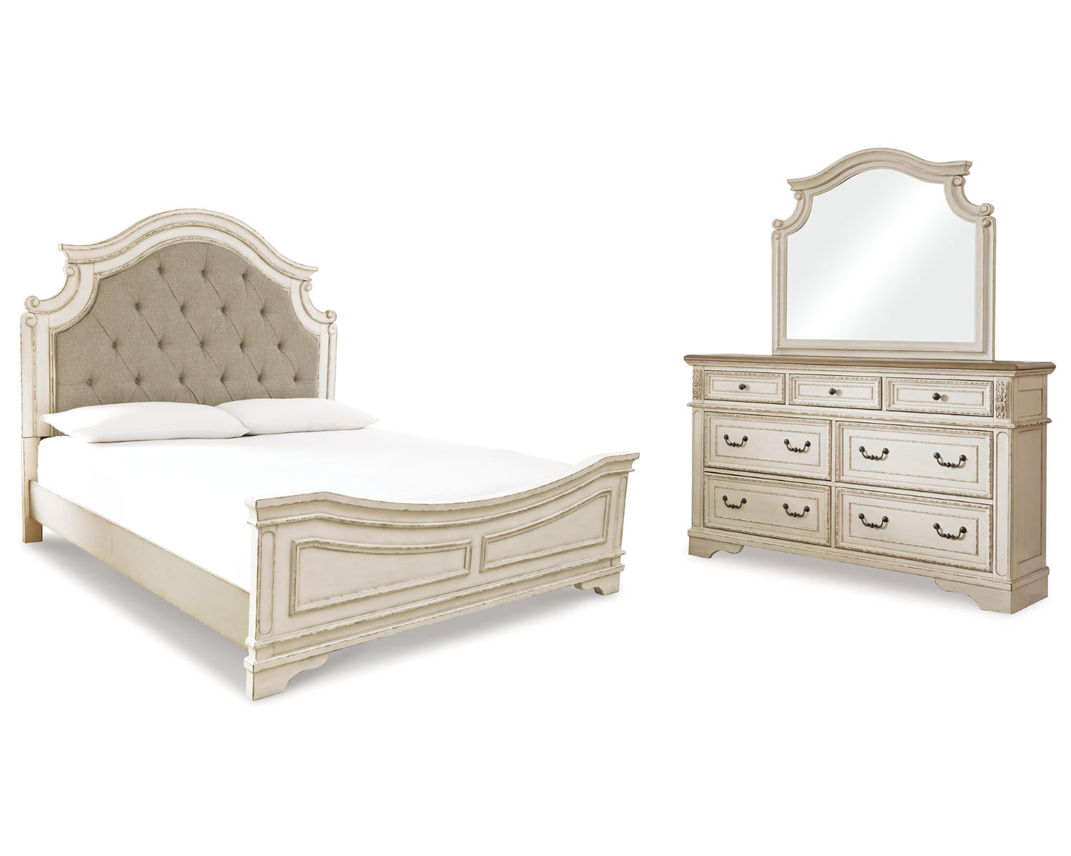 Realyn King Upholstered Panel Bed, Dresser and Mirror