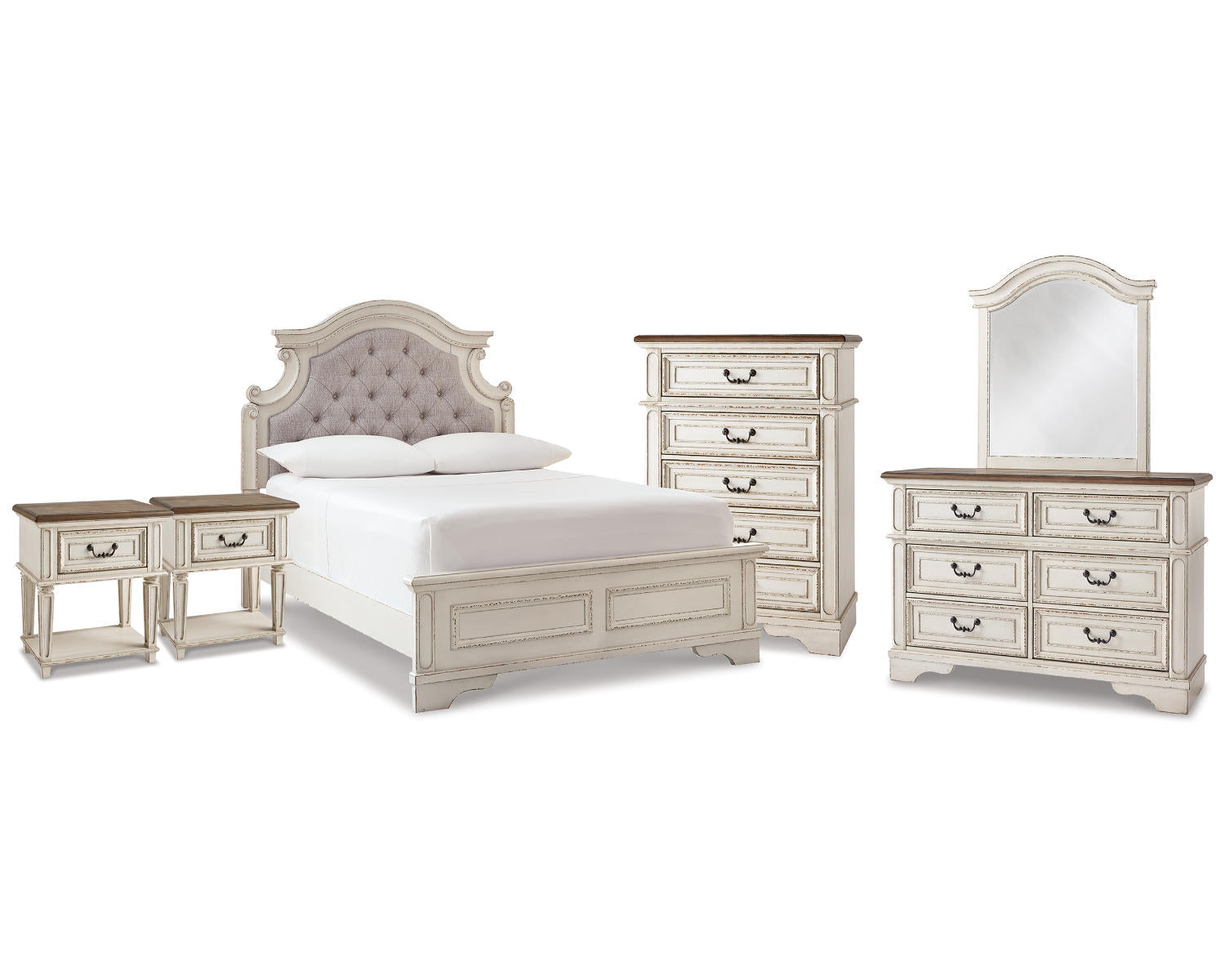 Realyn Full Upholstered Panel Bed, Dresser, Mirror, Chest and 2 Nightstands