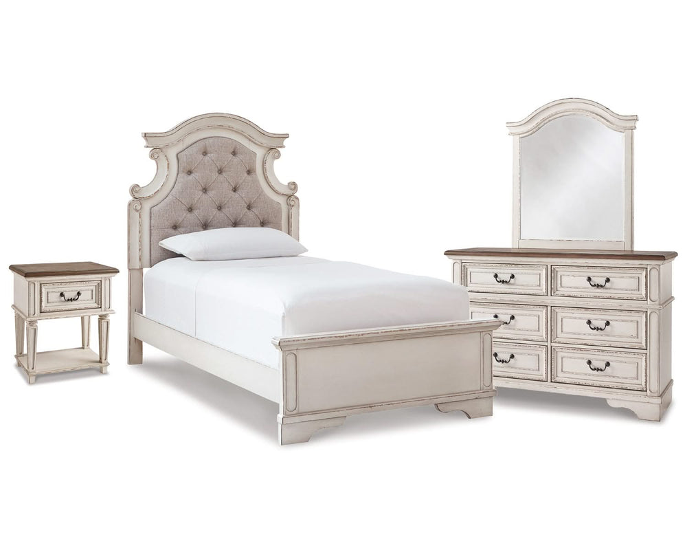 Cama individual con paneles, tocador, espejo y mesita de noche Realyn