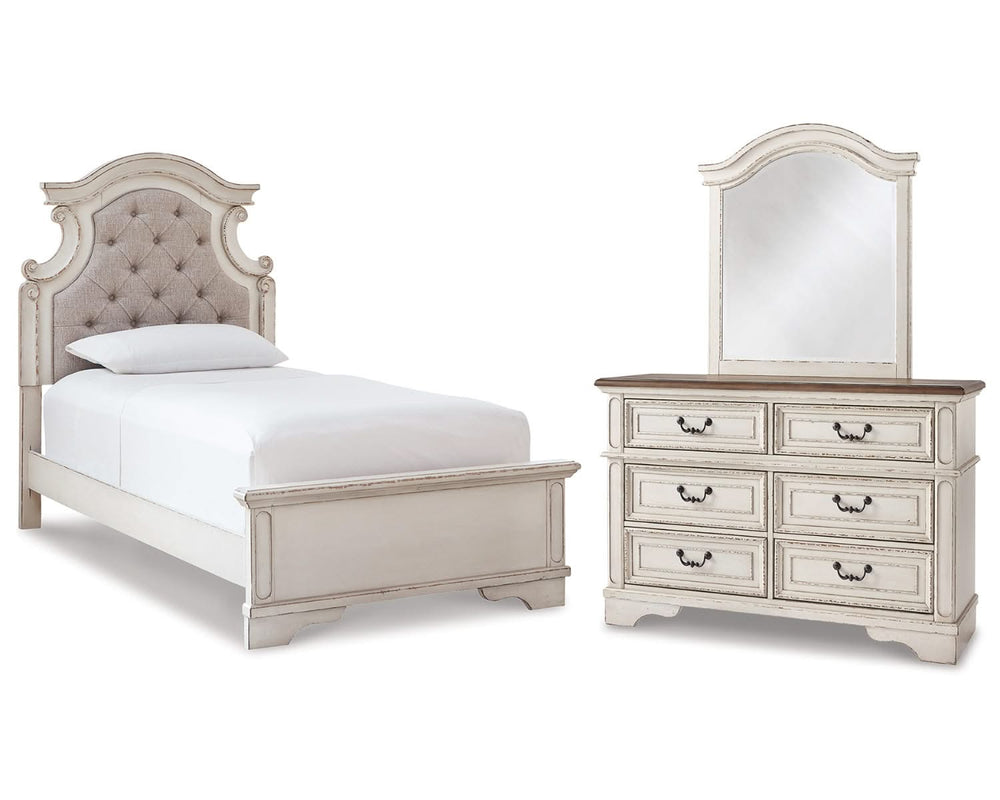 Cama individual Realyn, tocador y espejo