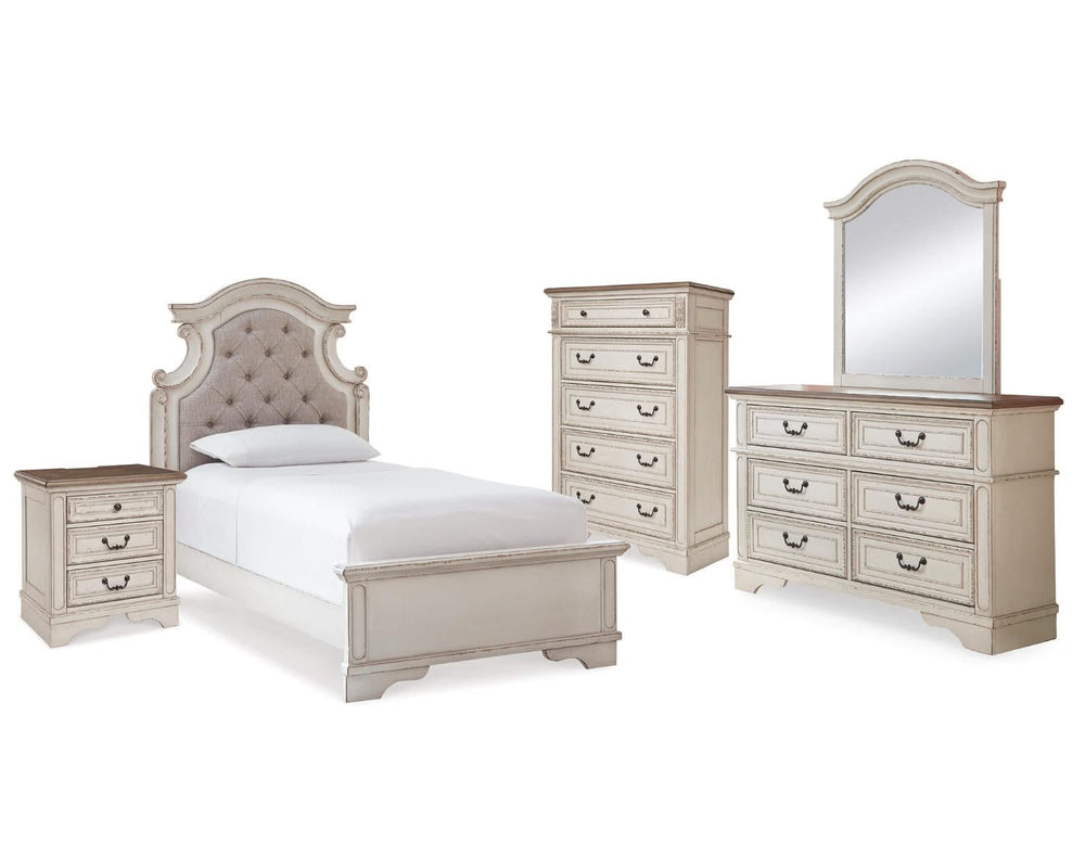 Cama individual con paneles, tocador, espejo, cómoda y mesita de noche Realyn