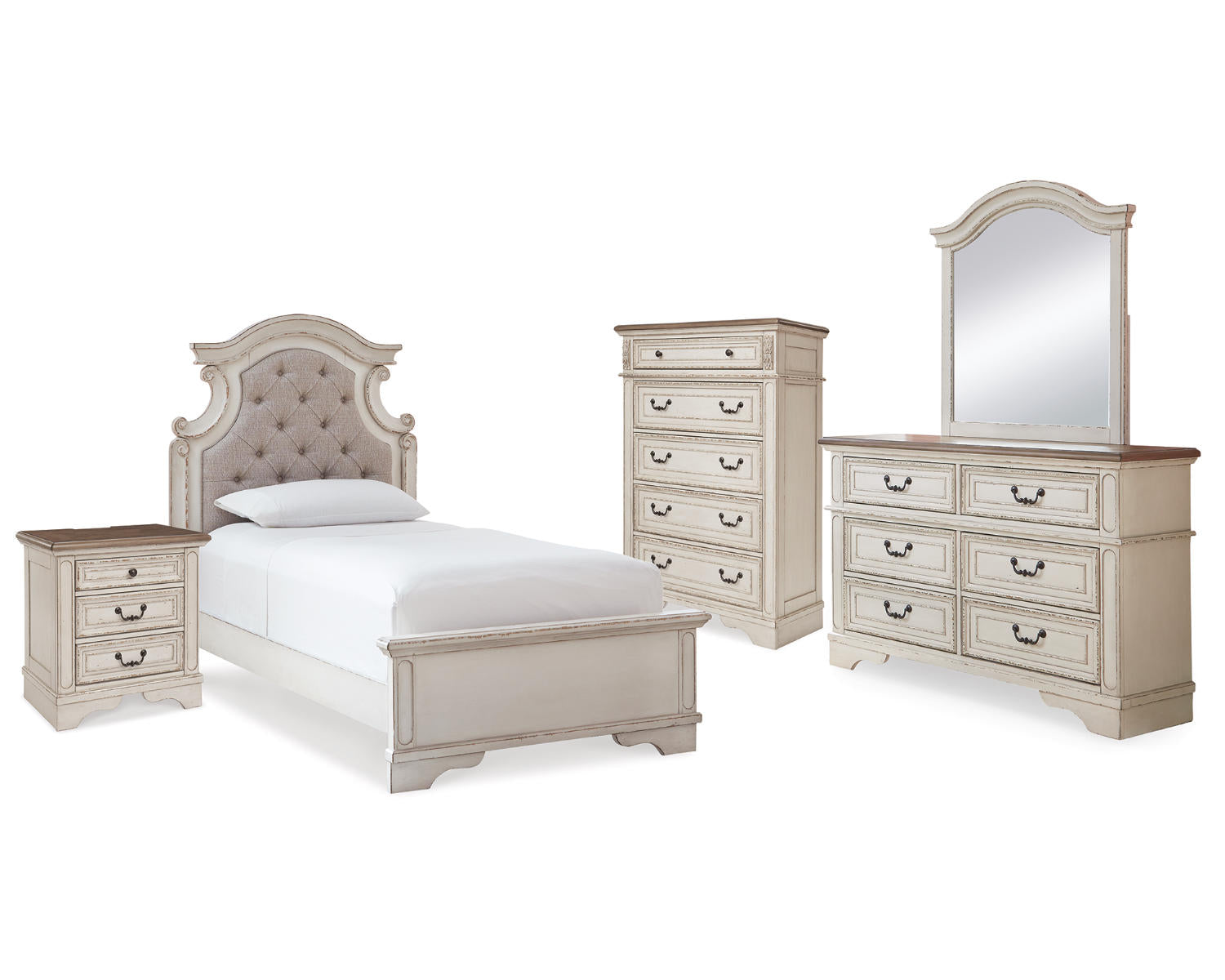 Realyn Twin Panel Bed, Dresser, Mirror, Chest and Nightstand
