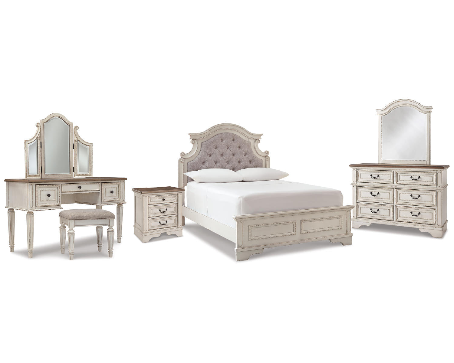 Realyn Full Panel Bed, Dresser, Mirror, 3-Piece Vanity and Nightstand