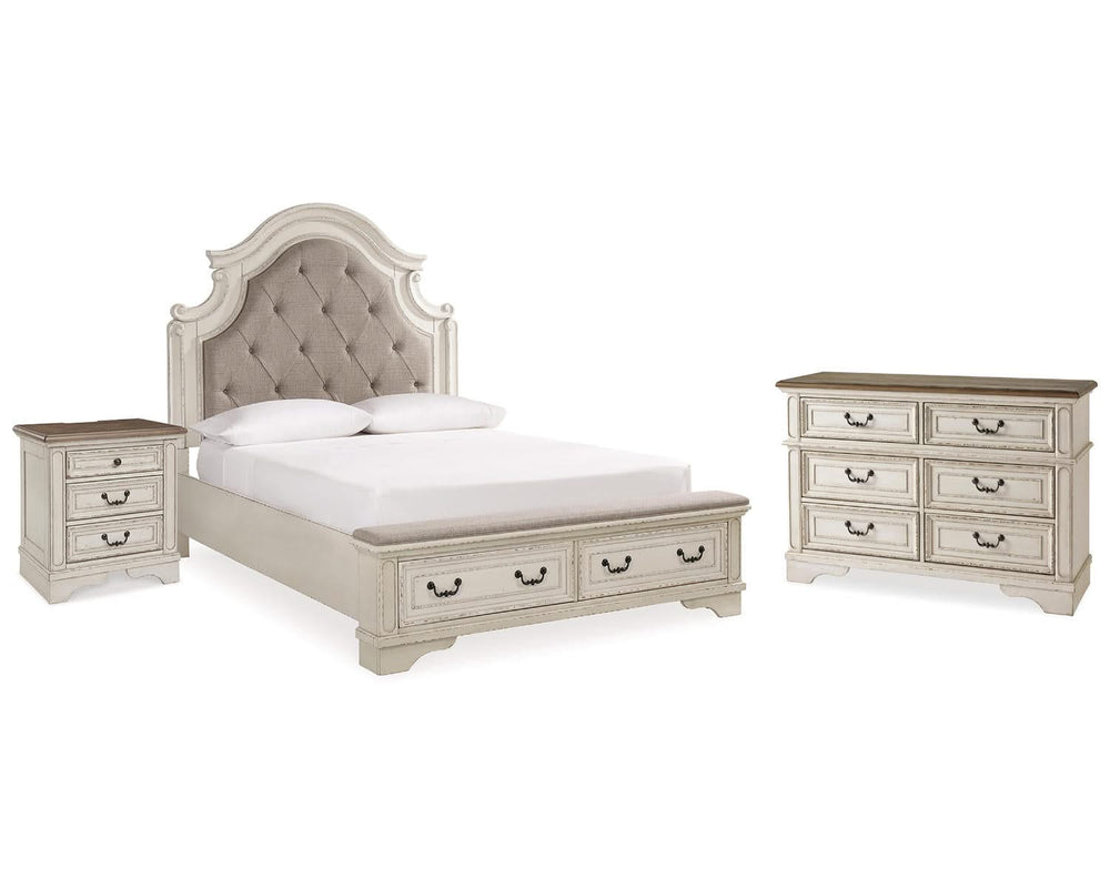 Cama Queen Realyn con paneles tapizados, espacio de almacenamiento, cómoda y mesita de noche