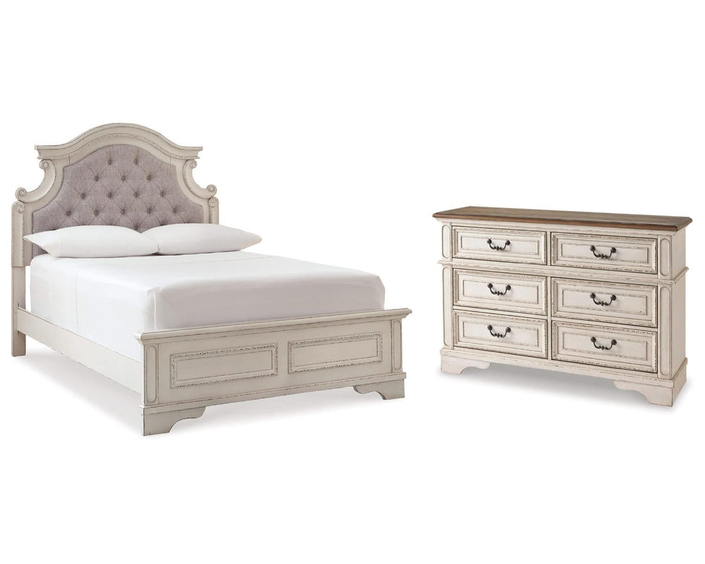 Cama tapizada con paneles y cómoda Realyn