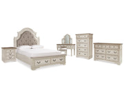 Realyn Queen Upholstery Panel Bed, Dresser, Chest, Nightstand, and Vanity Set