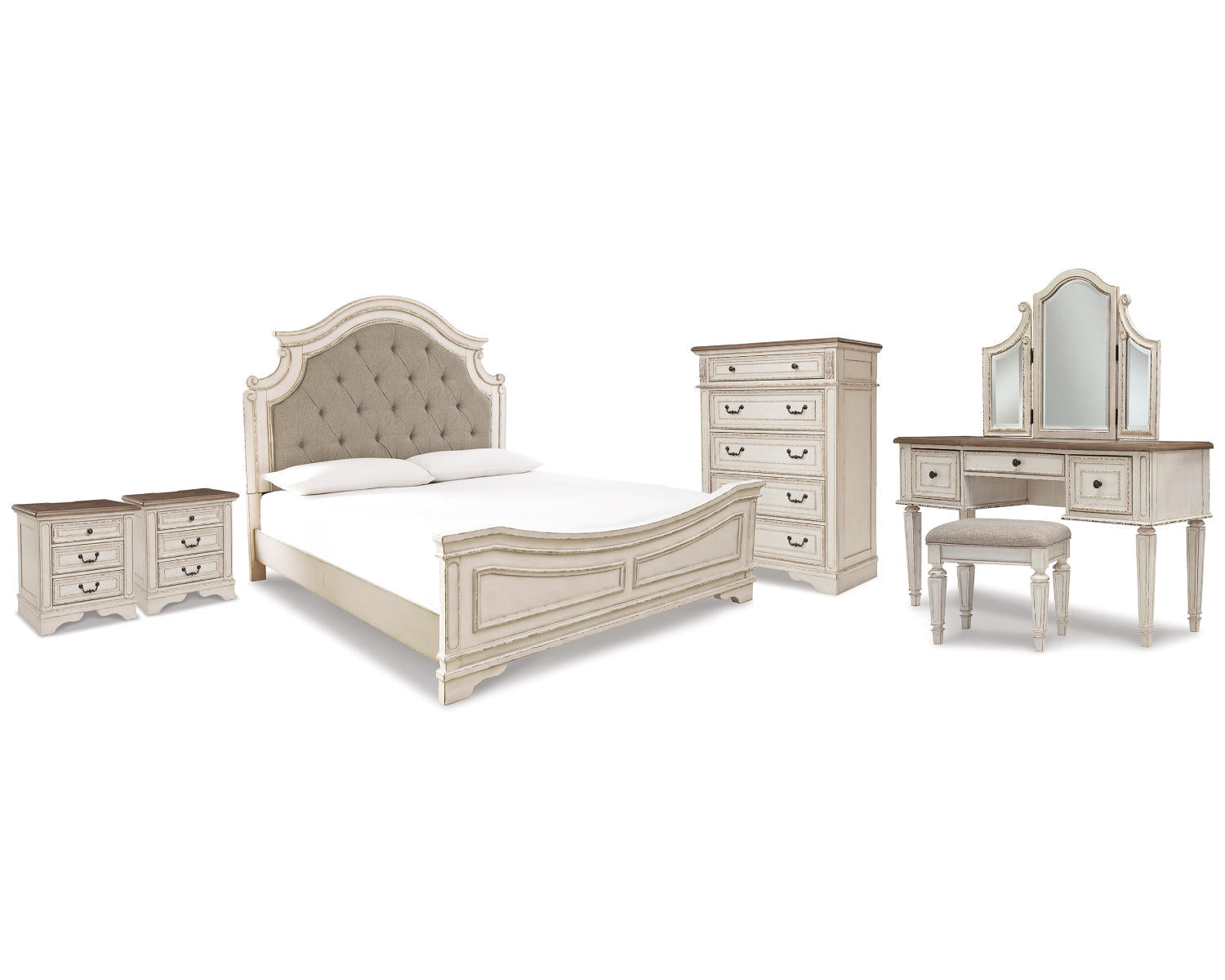 Realyn King Panel Bed, Vanity, Chest and 2 Nightstands