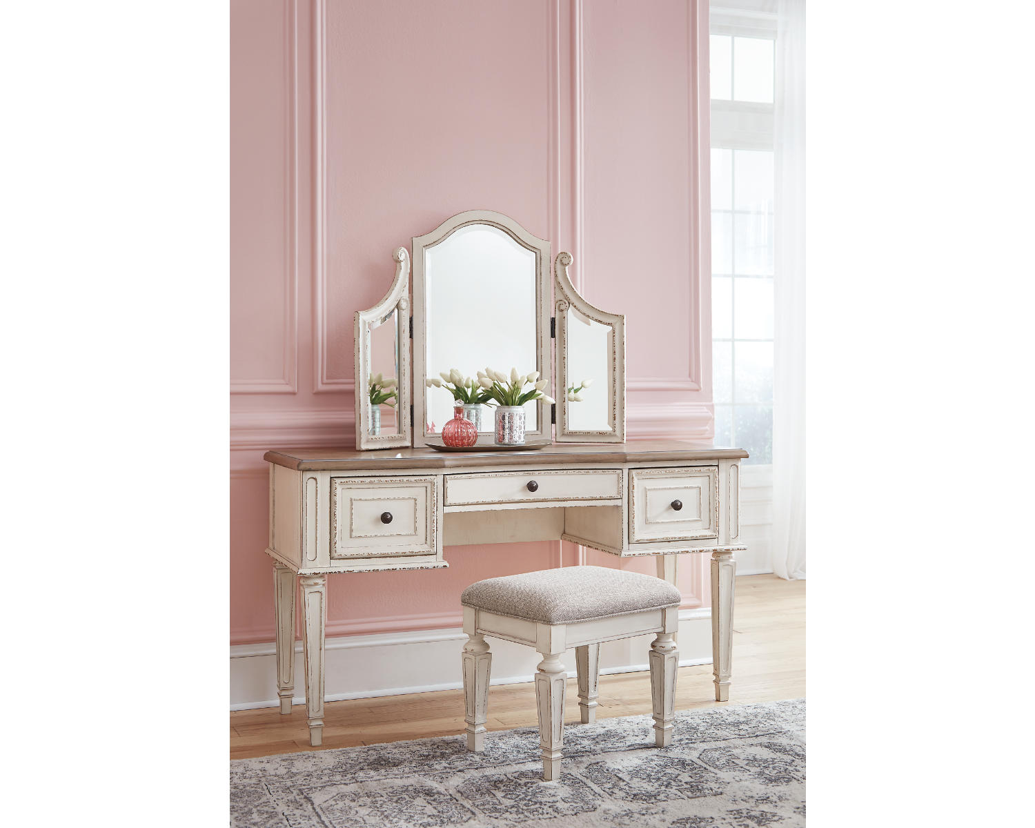 Realyn Vanity and Mirror with Stool