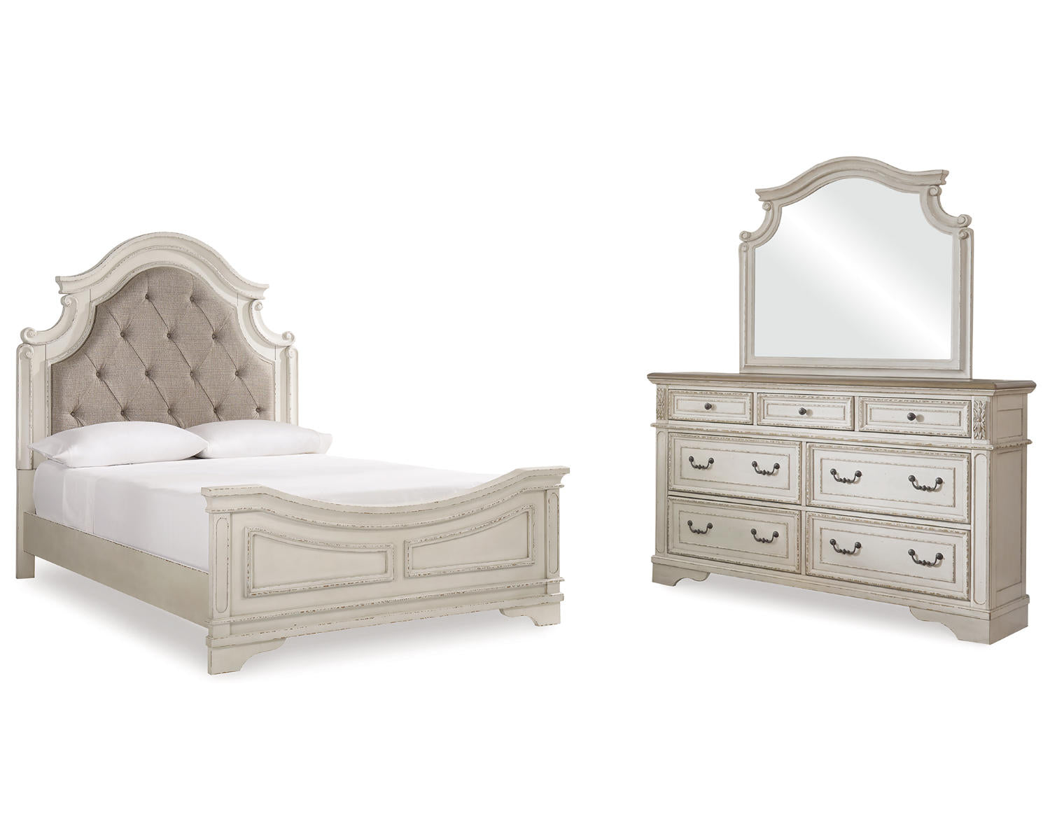 Realyn Queen Upholstered Panel Bed, Dresser and Mirror