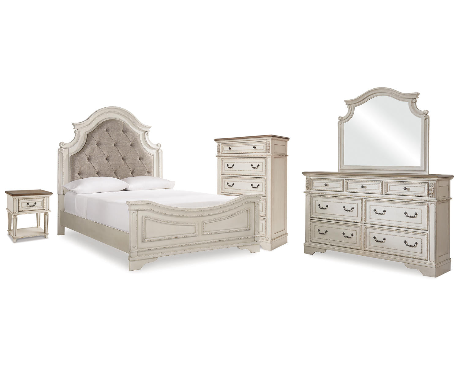 Realyn Queen Panel Bed Dresser, Mirror, Chest and Nightstand