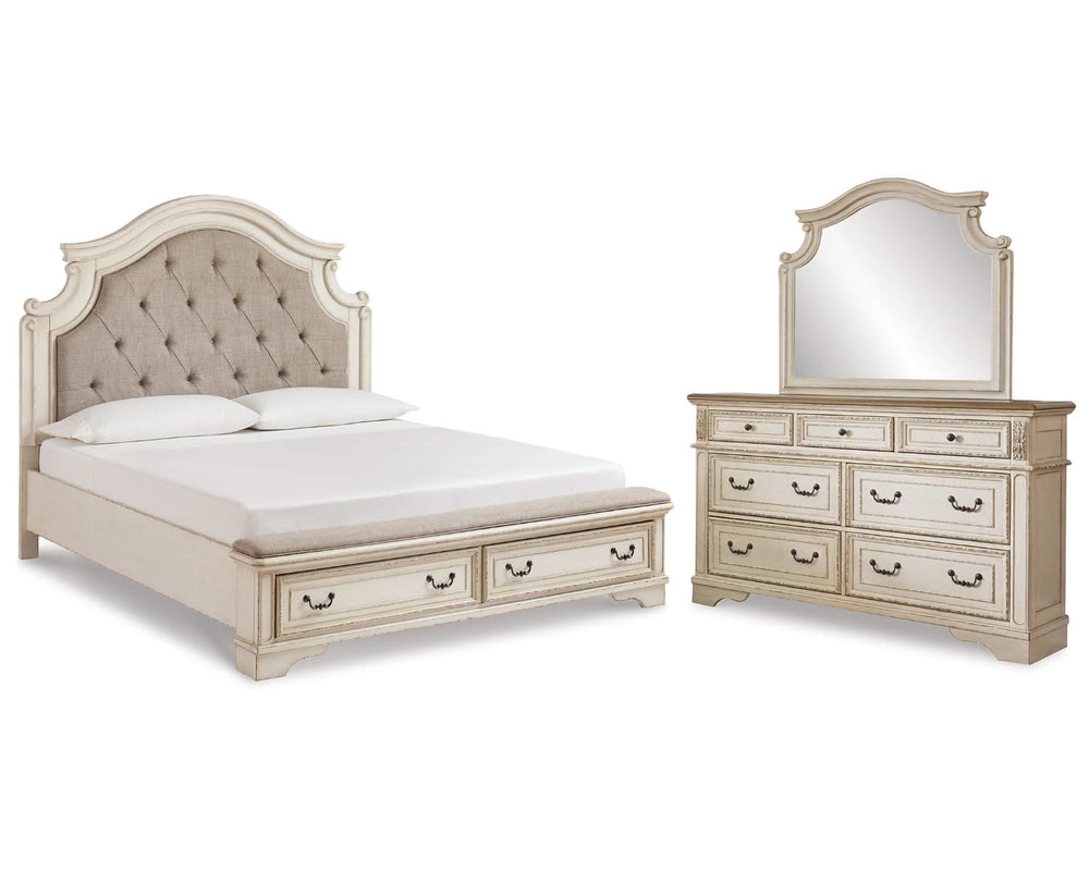 Cama tapizada Realyn King con tocador y espejo