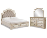 Cama tapizada Realyn King con tocador y espejo