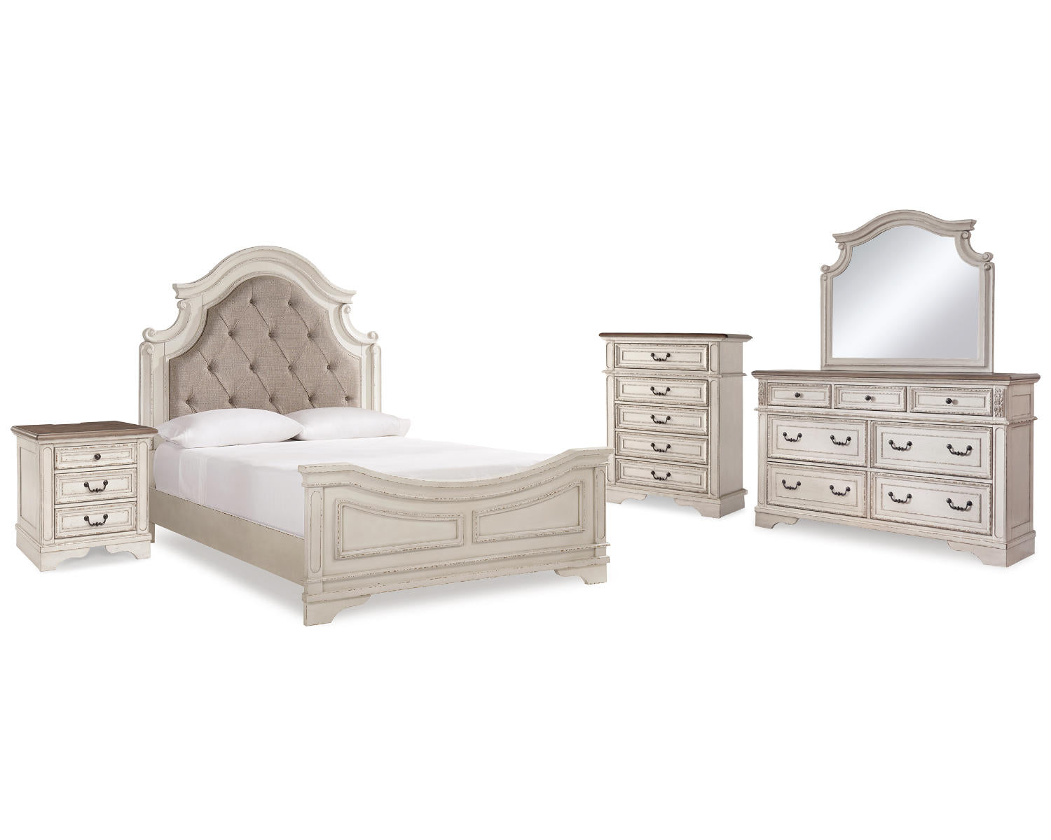 Realyn Queen Upholstered Panel Bed, Dresser, Mirror, Chest and Nightstand