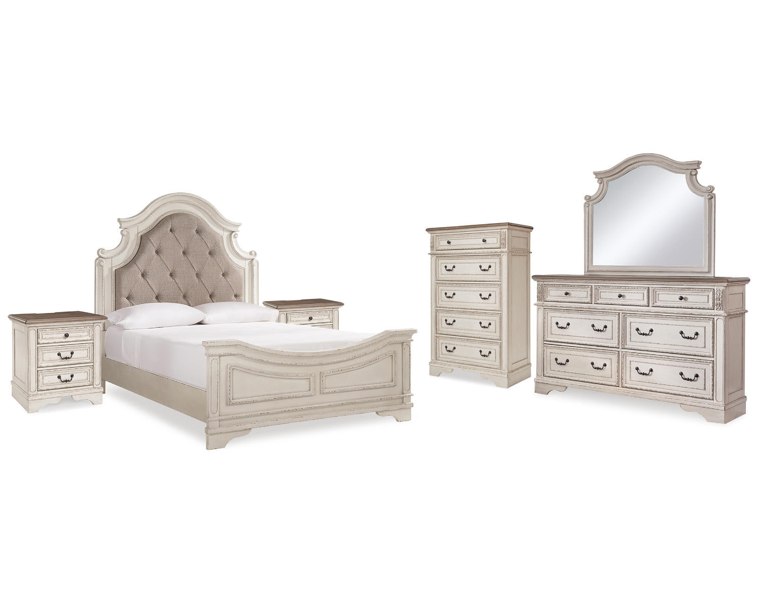 Realyn Queen Upholstered Panel Bed, Dresser, Mirror, Chest and 2 Nightstands