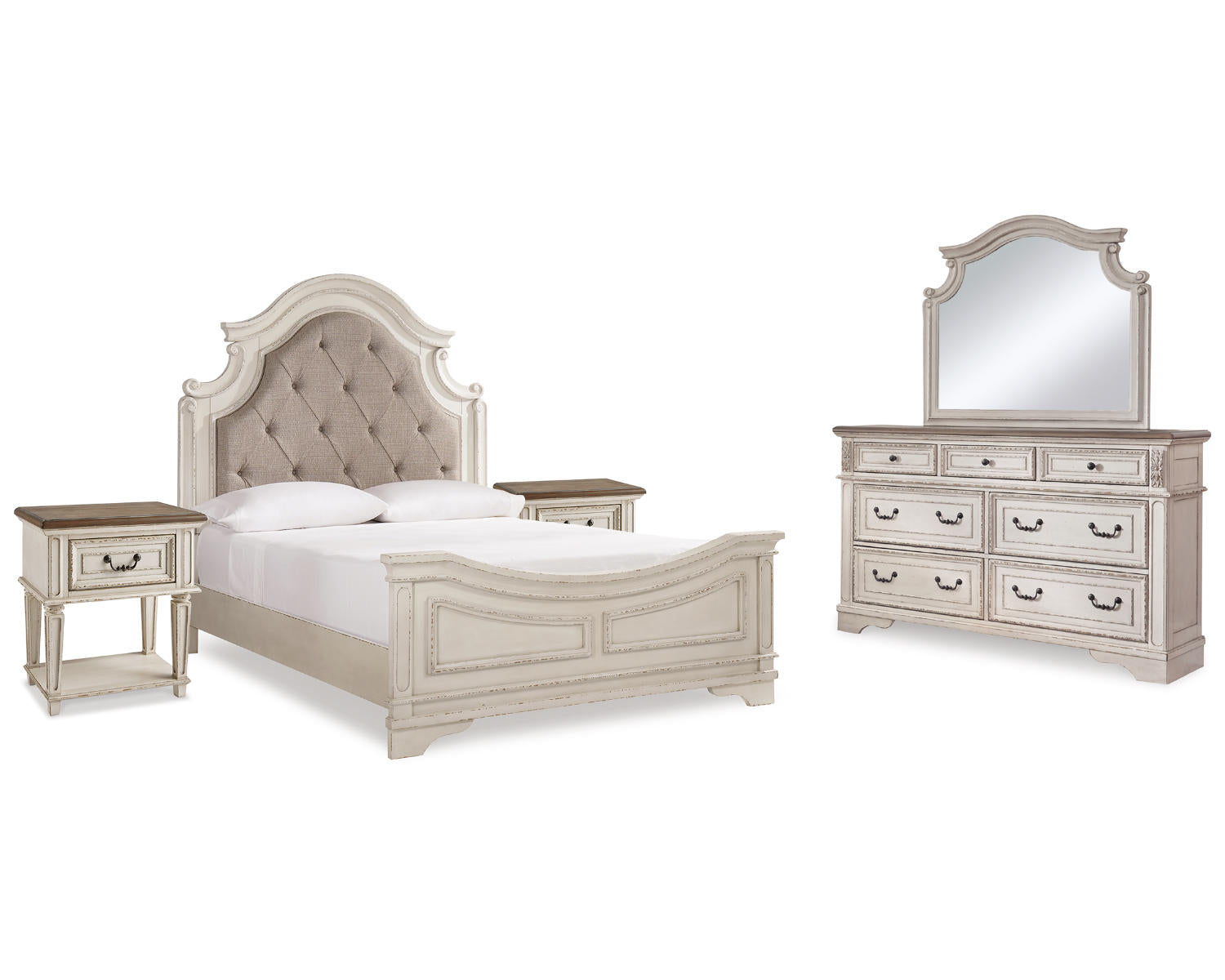 Realyn Queen Upholstered Panel Bed, Dresser, Mirror and 2 Nightstands