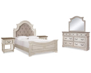 Realyn Queen Upholstered Panel Bed, Dresser, Mirror and 2 Nightstands