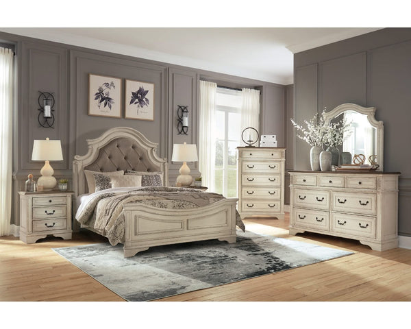 Cama Queen tapizada Realyn con paneles, tocador, espejo, cómoda y dos mesitas de noche