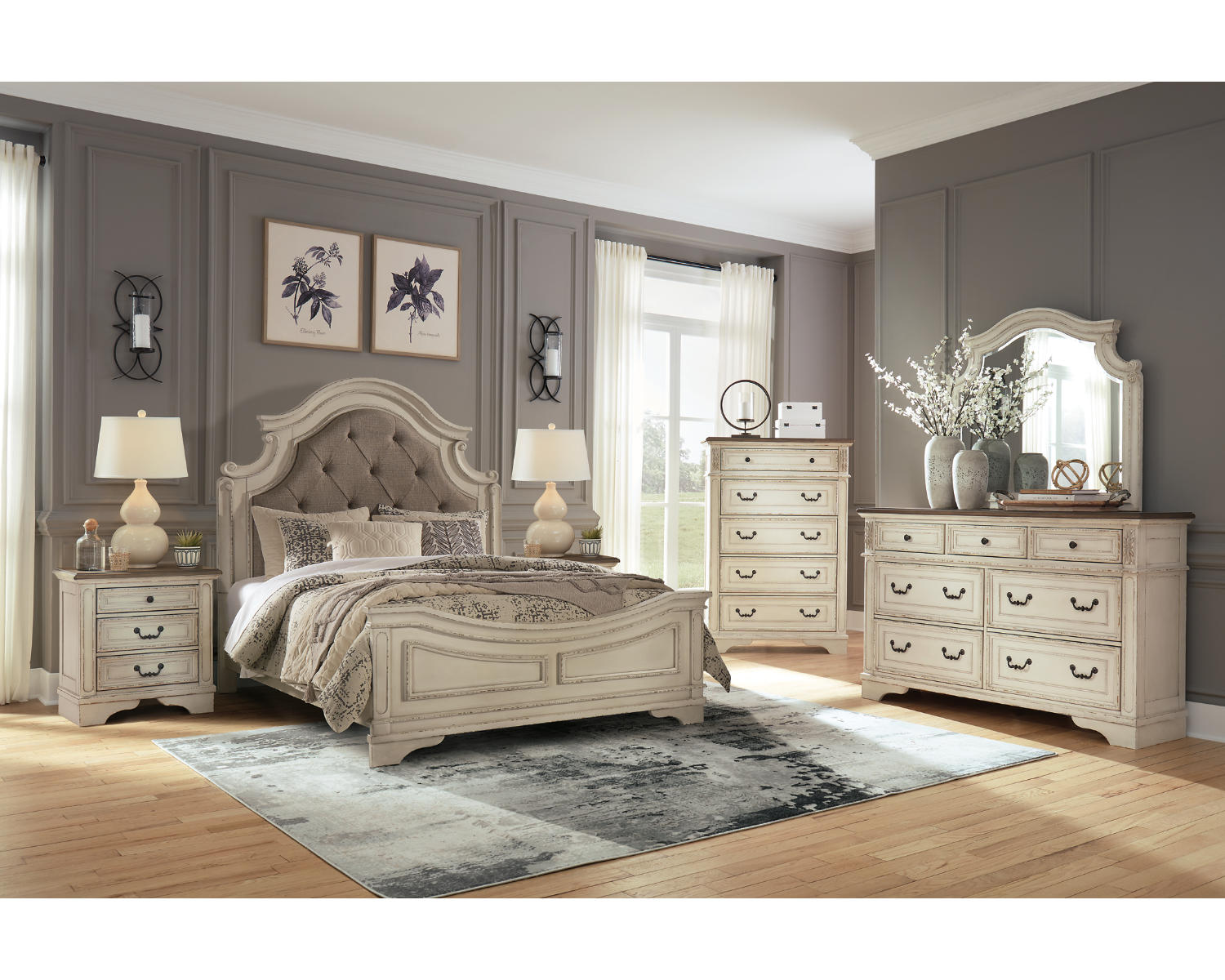 Realyn Queen Upholstered Panel Bed, Dresser, Mirror, Chest and 2 Nightstands