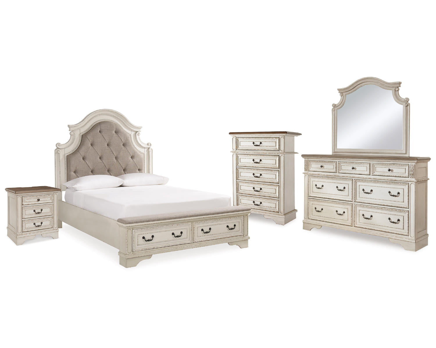 Realyn Queen Panel Bed, Dresser, Mirror, Chest and Nightstand