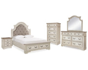 Realyn Queen Upholstered Bed, Dresser, Mirror, Chest and Nightstand