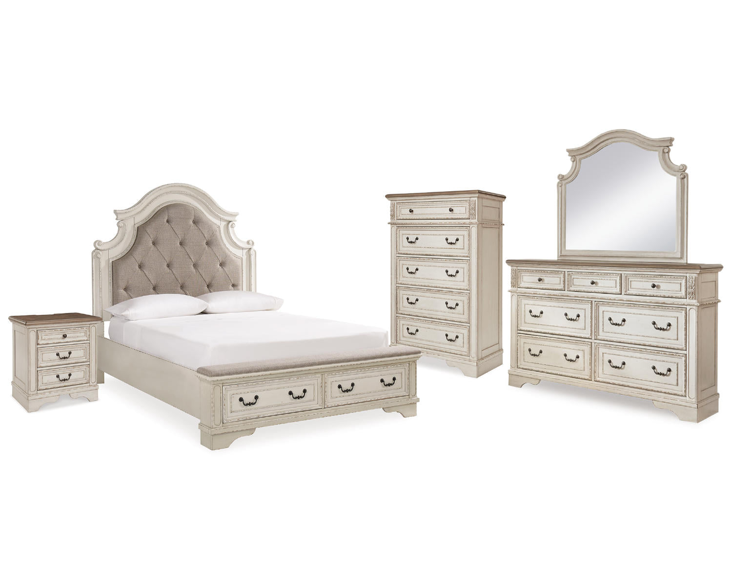 Realyn Queen Upholstered Bed, Dresser, Mirror, Chest and Nightstand