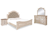 Cama California King con paneles, tocador, espejo y mesita de noche Realyn