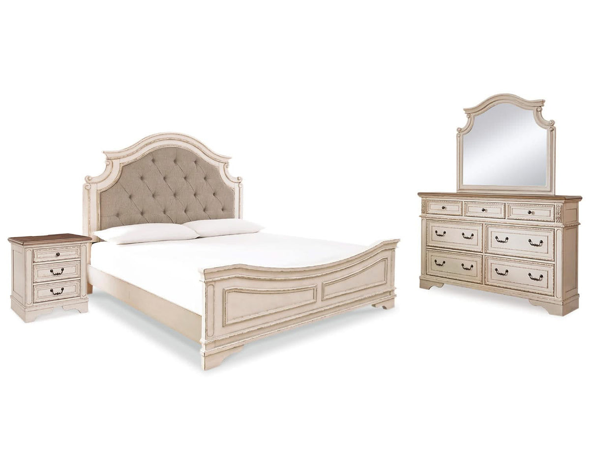 Cama California King con paneles, tocador, espejo y mesita de noche Realyn