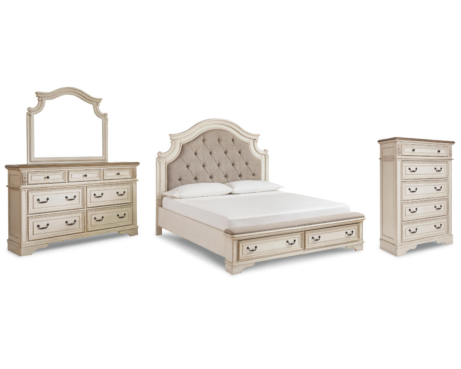 Realyn California King Upholstered Bed, Dresser, Mirror and Chest