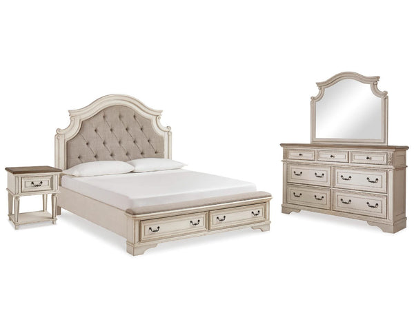 Cama King con almacenaje, tocador, espejo y mesita de noche Realyn