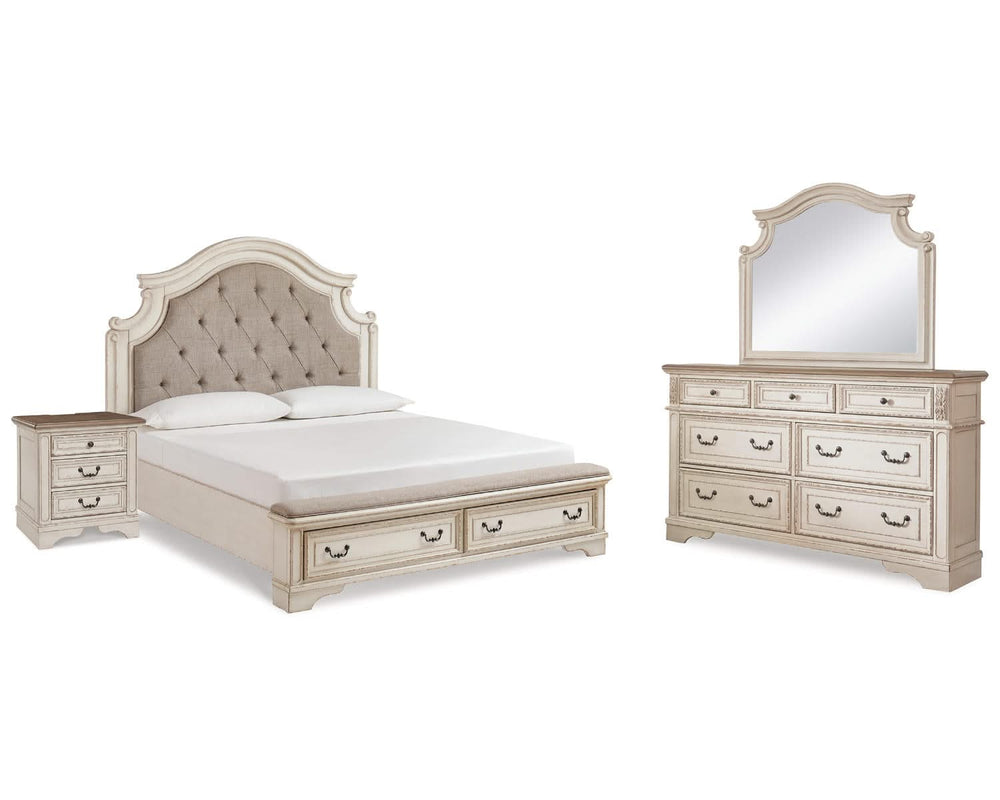 Realyn King Upholstered Panel Bed, Dresser, Mirror and Nightstand