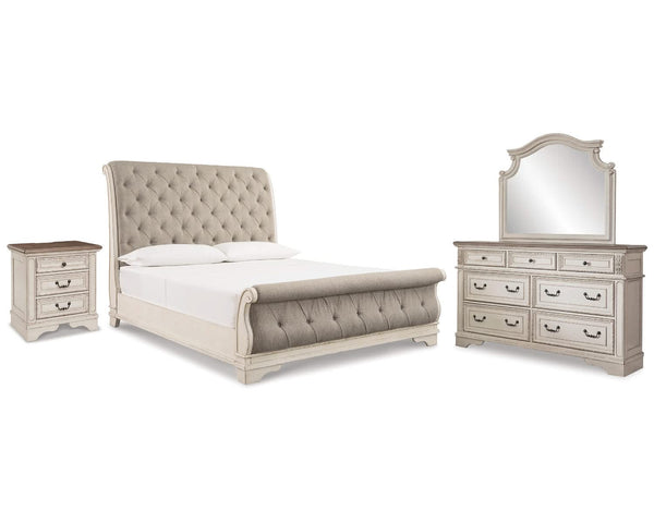Cama tipo trineo Realyn King, espejo de tocador y mesita de noche