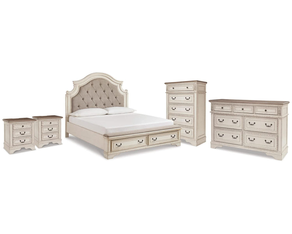Realyn King Storage Bed, Dresser, Chest and 2 Nightstands