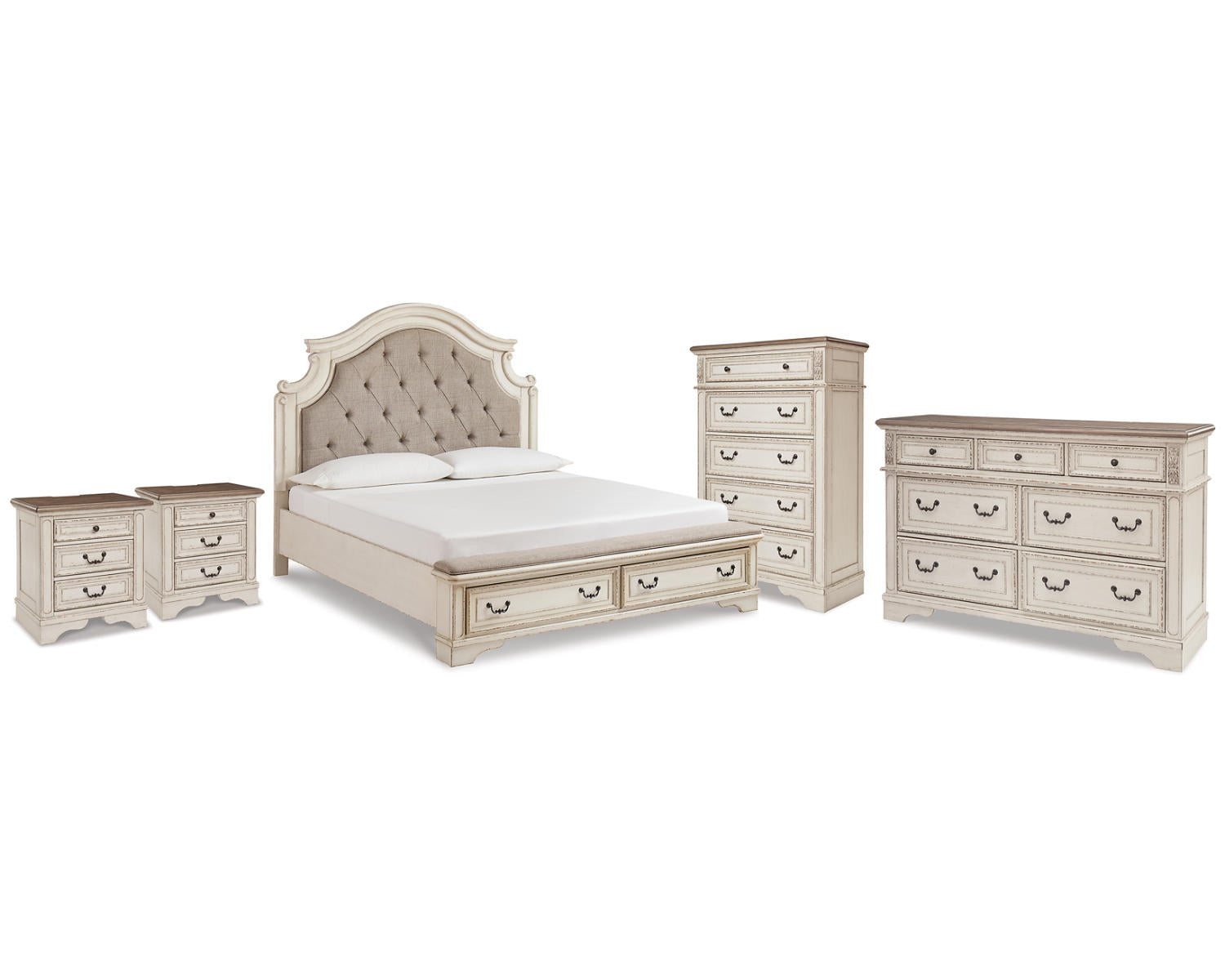 Realyn King Storage Bed, Dresser, Chest and 2 Nightstands