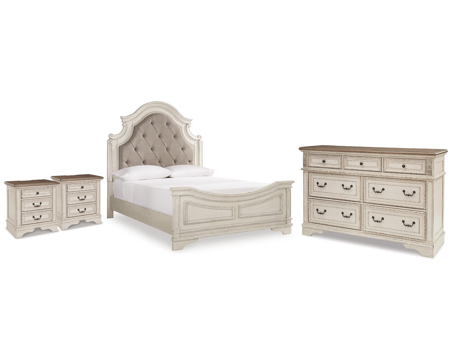 Realyn Queen Upholstered Panel Bed, Dresser and 2 Nightstands