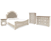 Realyn King Upholstered Panel Bed, Dresser, Chest and Nightstand