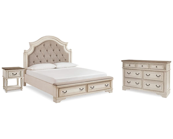 Cama King con almacenaje, cómoda y mesita de noche Realyn