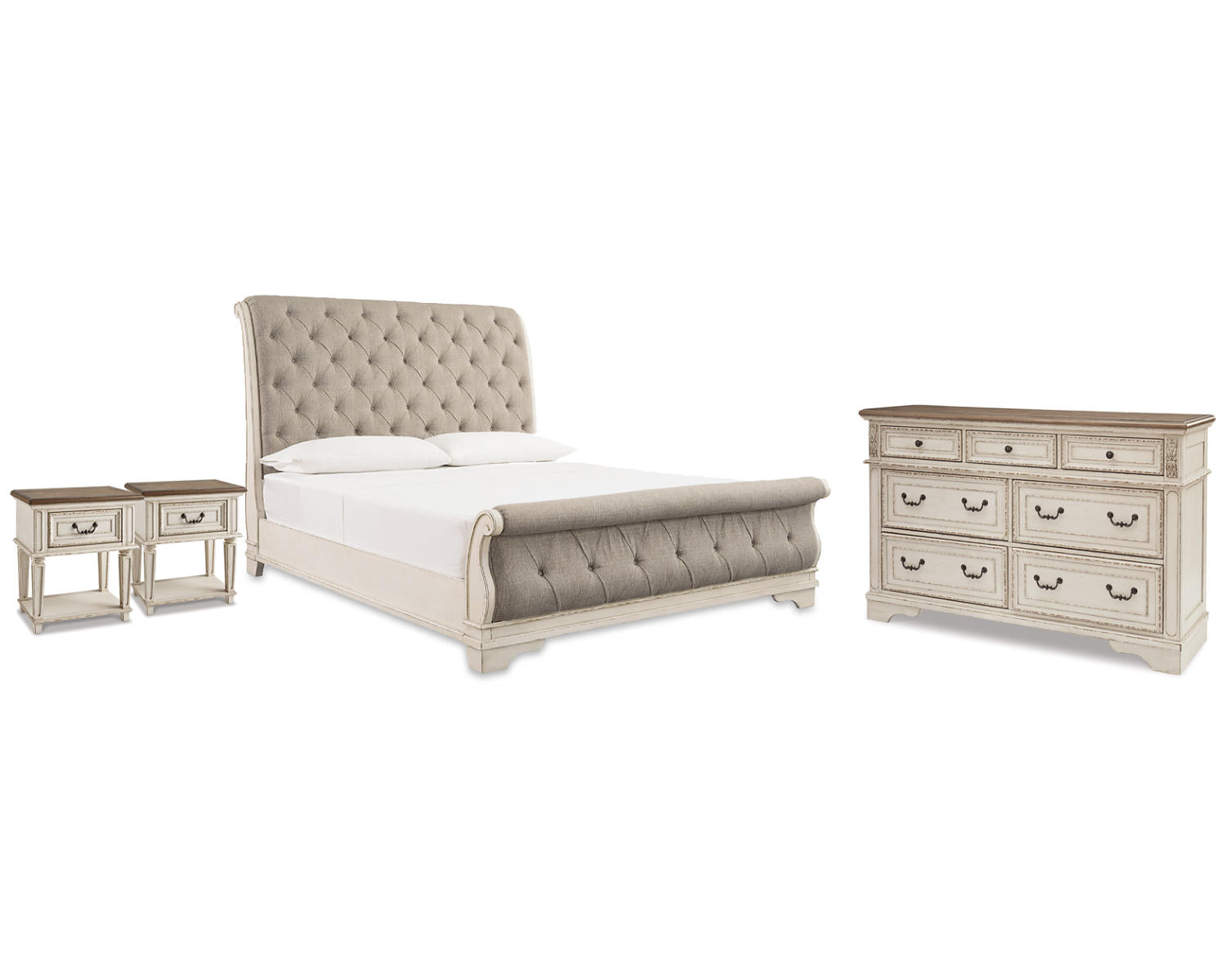 Realyn Queen Upholstered Sleigh Bed, Dresser and 2 Nightstands