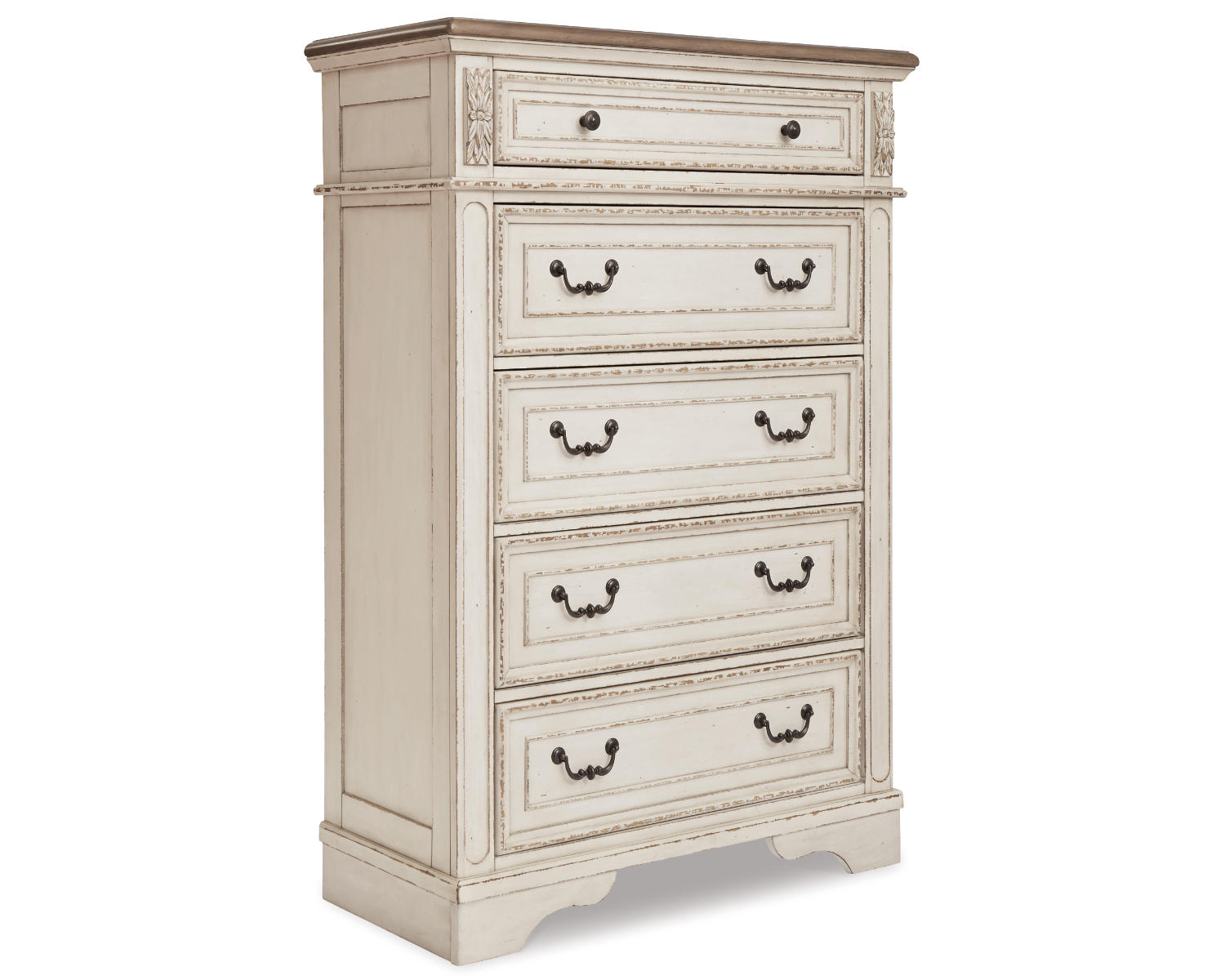 Realyn California King Upholstered Bed, Dresser, Mirror and Chest